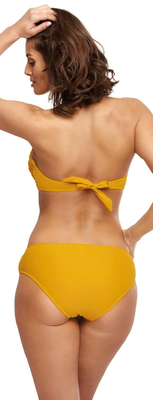 Jednofarebné žiarivo žlté dvojdielne plavky so zaväzovaním za krkom a na chrbte