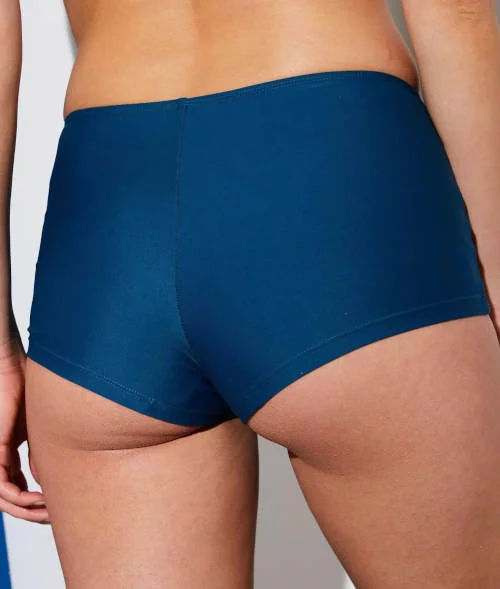 Modré dámske plavecké nohavičky zoštíhľujúce bruch a zadok